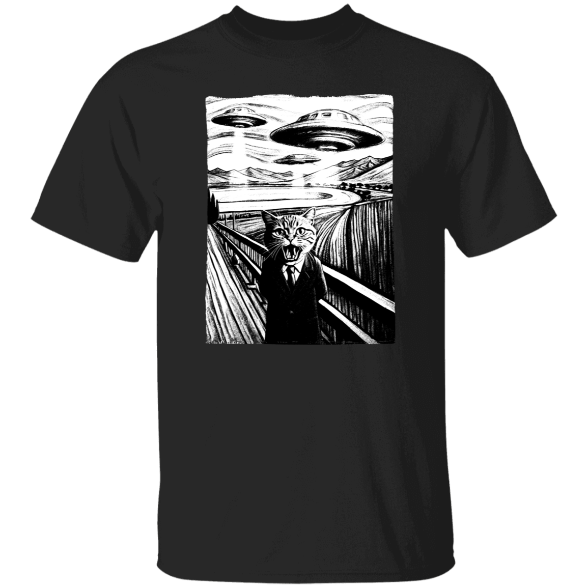 Munch's Scream Style UFO an Cat T Shirt