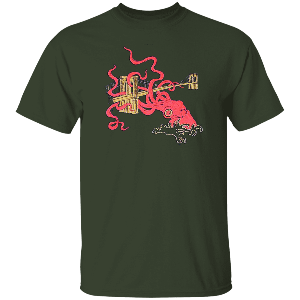 Unleash Your Inner Sea Monster with the Squid Attack Kraken Brooklyn Bridge T-Shirt!
