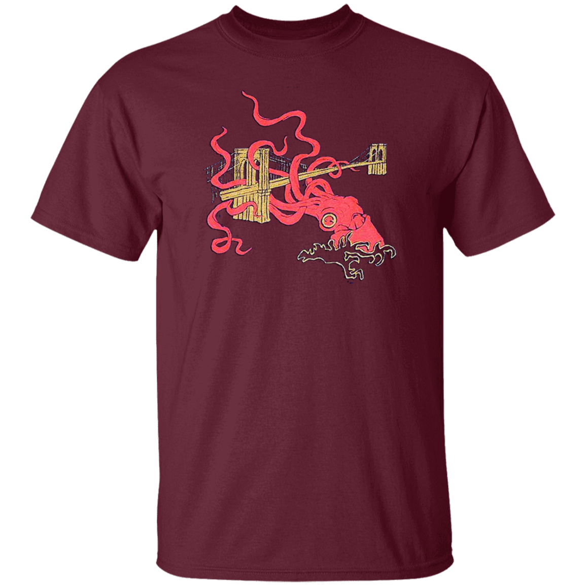 Unleash Your Inner Sea Monster with the Squid Attack Kraken Brooklyn Bridge T-Shirt!